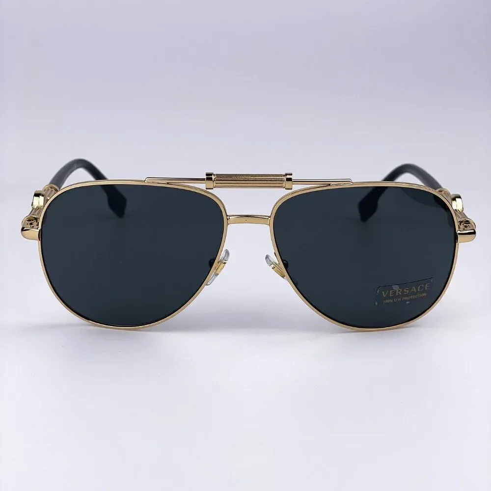 NEW Versace VE2236 100287 Gold Dark Gray Pilot Metal Unisex Sunglasses